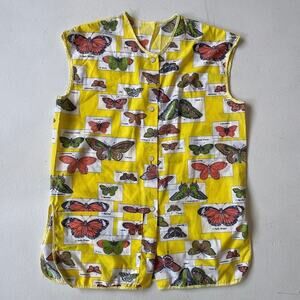 Vtg 60s Yellow Butterfly Button Up Smock Top Sz S/M Tank Retro Monarch
